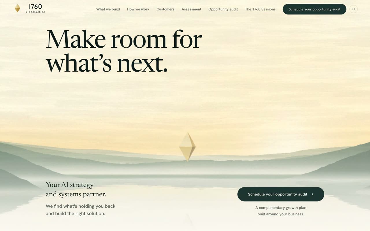1760 Strategic AI homepage: a painted lake and hills with a gold gem floating above